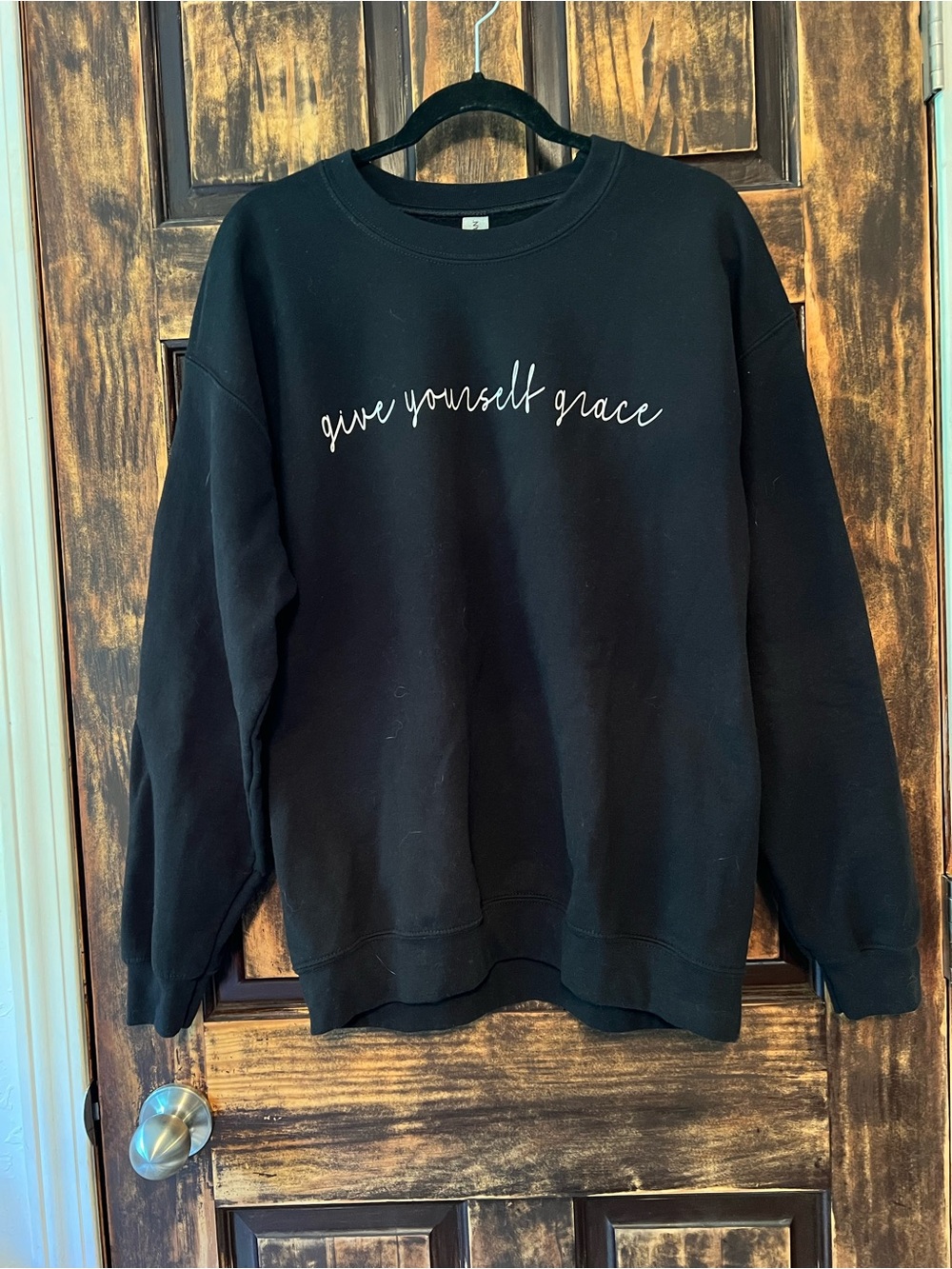 Gildan Black Crewneck Sweatshirt with White Script "give yourself grace"